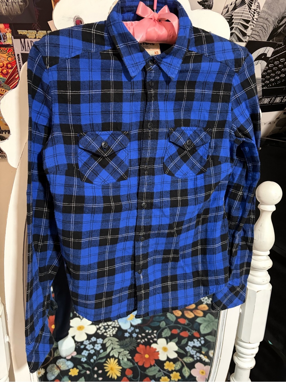 TNA Blue and Black Plaid Button-Down Shirt